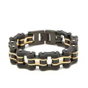 Bracelet Biker élégant En Chaine Moto Noir Et Or! 21.5cm