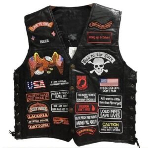 gilet biker en cuir elegance et confort pour aventuriers de la route 32 patchs m 317 1