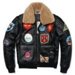 Veste Biker En Cuir Noir Patchs Avec Col Mouton : Style Audacieux !