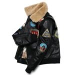 Veste Biker En Cuir Noir Patchs Avec Col Mouton : Style Audacieux !